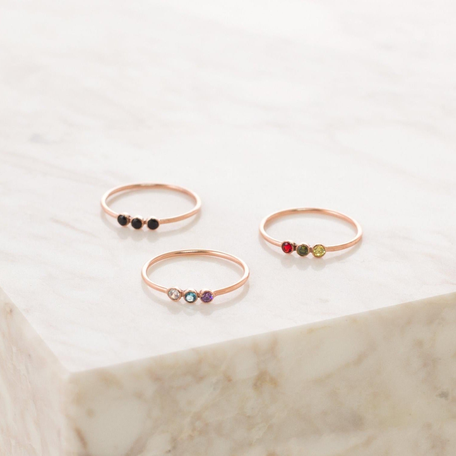 Triple Stone Delicacy: The Tiny Triple Stone Birthstone Ring Sterling Silver
